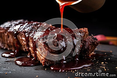 close-up of bbq beef ribs with sauce dripping off Stock Photo