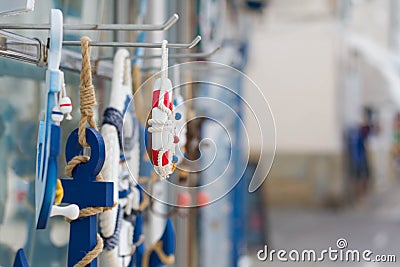 Close up of a beach souvenir stand with handmade crafts. Stock Photo