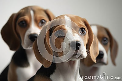 Close-up of 3 cute Beagles' faces on a dark background Stock Photo