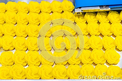 Close up bean dough loaf after press forming for asia or thai sweets on tray from belt conveyor of automatic food making machine Stock Photo