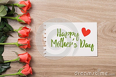 Close up of a beautiful bouquet of roses with a happy mothers day card. Mother's Day concept Stock Photo