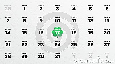 Close-up of a beautiful calendar page 2022 and the Saint Patrickâ€™s Day date marked with a 3d green clover symbol Stock Photo