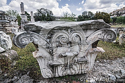 Close-up of a beautiful Corinthian column located and preserved among the ruins in the Ancient Agora in Athens, Greece Stock Photo