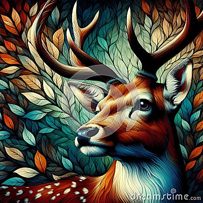 A close-up of beautiful deer in bold painting, colorful leaves, fantasy art, deatiled, animal creatures design Stock Photo