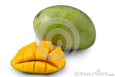 Beautiful delicious green mango isolated on white table background Stock Photo