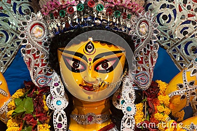Close up of the beautiful face of Hindu Goddess Durga Stock Photo