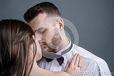 Close-up of beautiful passionate sexy couple kissing. Young girlfriend and boyfriend. Stock Photo