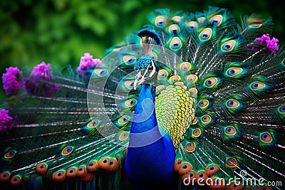 Wildlife bird portrait with feathers out. Close up of a beautiful peacock Stock Photo