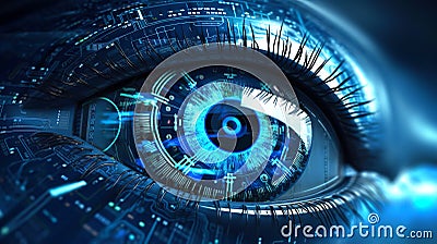 Close up of beautiful robotic blue eye with hud interface and lines of code around it. Cybernetic graphs and holograms. Concept of Stock Photo