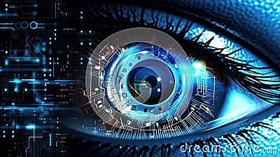 Close up of beautiful robotic blue eye with hud interface and lines of code around it. Cybernetic graphs and holograms. Concept of Stock Photo
