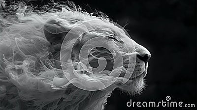 Close Up Beautiful White Lion with Floating Smoke Effect Stock Photo