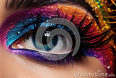 Close up of beautiful woman's eye with bright make-up top section cropped, AI Stock Photo