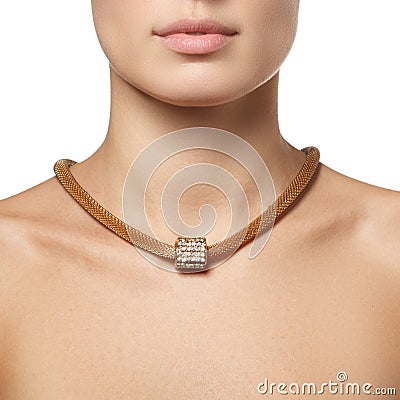 Close-up of beautiful woman wearing shiny diamond necklace Stock Photo
