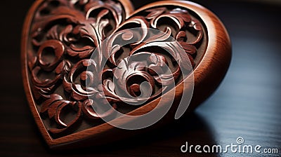 A close-up of a beautifully carved wooden heart, with intricate details and a rich, polished finish Stock Photo
