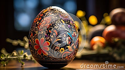 A close-up of a beautifully decorated Easter egg with intricate designs and patterns. Stock Photo