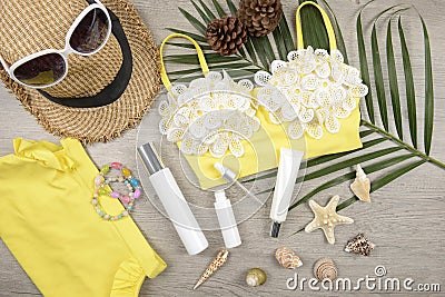 Summer and sunscreen, Beauty cosmetics product for skin care and women accessories on the beachSun protection product concept Stock Photo
