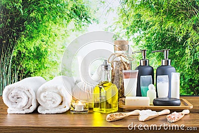 Composition of spa cosmetic products concept with Bamboo Forest Stock Photo