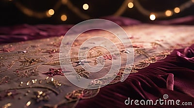 a close up of a bed with a purple comforter Stock Photo