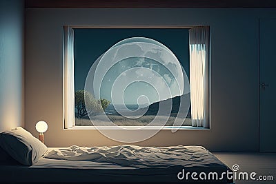 close-up of bedroom, with the moon shining through the window, giving a tranquil and serene atmosphere Stock Photo