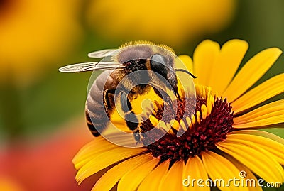 Close up of a bee collecting pollen from a daisy flower. Stock Photo