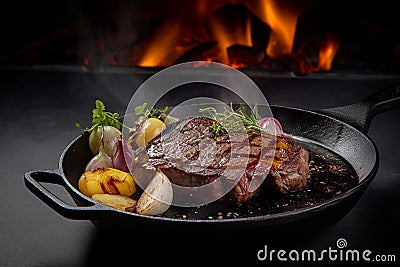 Close up of beef steak in cast iron skillet. Created with Generative AI technology. Stock Photo