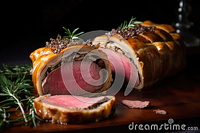 Close-up of Beef Wellington Slice with Pink Center and Flaky Pastry, Topped with Brown Sauce and Herbs Stock Photo