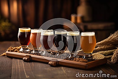 close-up of beer flight on rustic wooden table Stock Photo