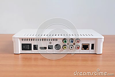 Close up behind connection port, hdmi, av, s-video, ethernet, of android box Player Stock Photo