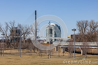 Close up of the bend on Bob Kerrey cable stayed pedestrian bridge Omaha Nebraska in early spring Editorial Stock Photo