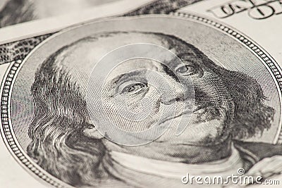 Close-up of Benjamin Franklin, one hundred dollars note. Stock Photo