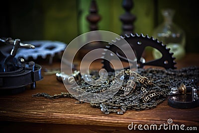 close-up of bicycle gears and chain on table Stock Photo