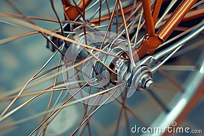 Close-up bicycle wheel from a unique angle, showcasing the spokes and patterns Stock Photo