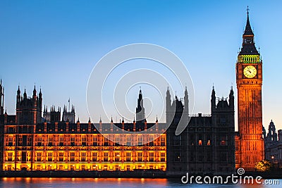 Close Up of Big Ben and Palace of Westminster in London, UK at dusk Editorial Stock Photo