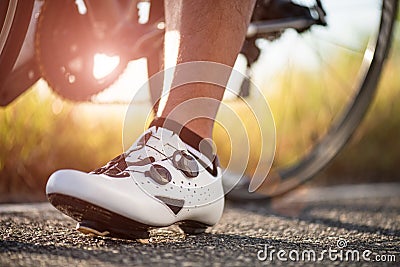 Close up bike shoes ready for cycling outdoors. Sports and outdoor activities concept Stock Photo