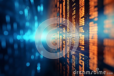 Close up of binary code on digital screen with orange and blue gradient background and bokeh effect Stock Photo