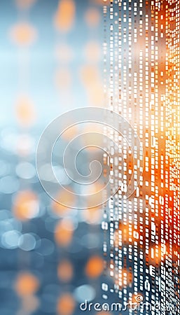 Close up of binary code on light blue background with orange and white color scheme and bokeh effect Stock Photo