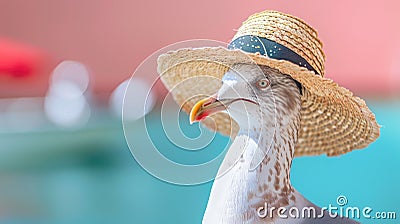 A close up of a bird wearing a hat, close-up portrait of a seagull bird traveller in front of canal with boats Stock Photo
