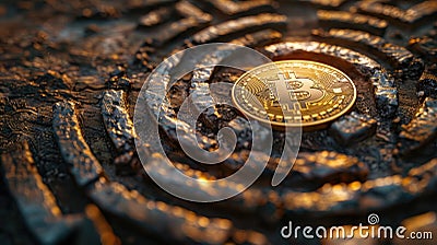 Close-up of a Bitcoin cryptocurrency coin on a textured surface, symbolizing blockchain technology and digital currency solutions Stock Photo