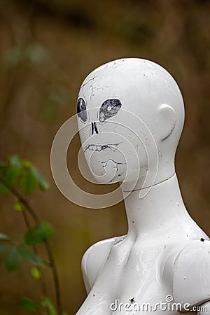 Close up of bizarre head and face of female white mannequin in woodland setting at Marston Park, Somerset, UK Stock Photo