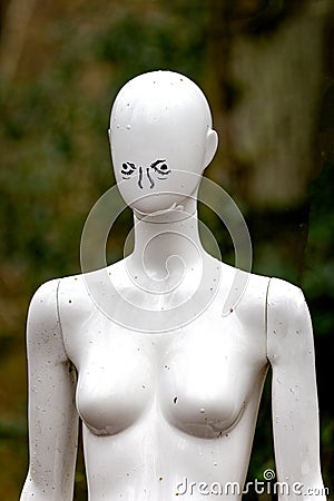 Close up of bizarre head and shoulders of topless female white mannequin in woodland setting at Marston Park, Somerset, UK Stock Photo