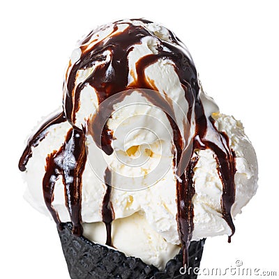 Close up of black cone, waffle cup with scoops of ice cream decorated chocolate glaze is isolated on white background Stock Photo