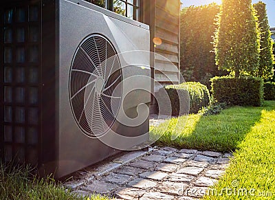 Air heat pump near pool house outdoors. Stock Photo