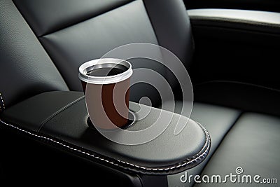 close-up of black leather recliner with cupholder Stock Photo