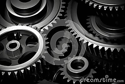 Close up of a black racing engine cogs pistons and cables visible. Speed drive concept. AI generation Stock Photo