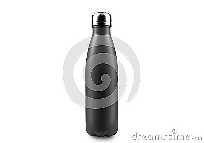 Close-up of black reusable steel metal thermo water bottle, isolated on white background. Stock Photo