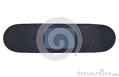 Close up of black skateboard with tablet pc blank dark screen isolated on a white background, flat lay, top view Stock Photo