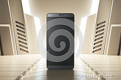 Close up of blank mock up mobile phone screen on futuristic background. Mock up and product presentation concept. Stock Photo