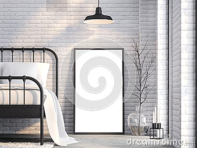 Close up blank picture frame in loft bedroom 3d render Stock Photo