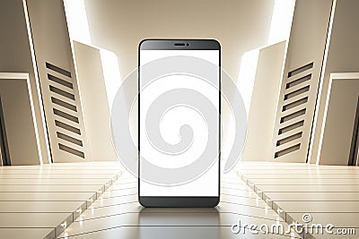 Close up of blank white mock up mobile phone screen on futuristic background. Mock up and product presentation concept. 3D Stock Photo