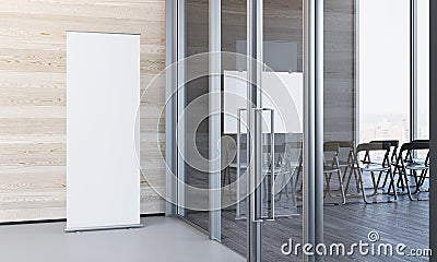 Close up of blank white roll up in modern office with wooden walls, 3d rendering Stock Photo